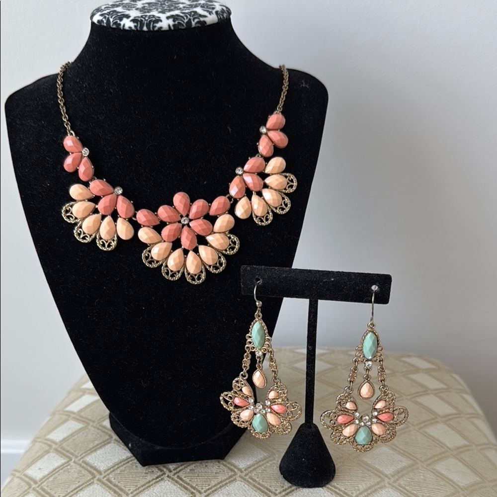 Elegant Pink, Turquoise and Cream Floral Necklace and Earring Set